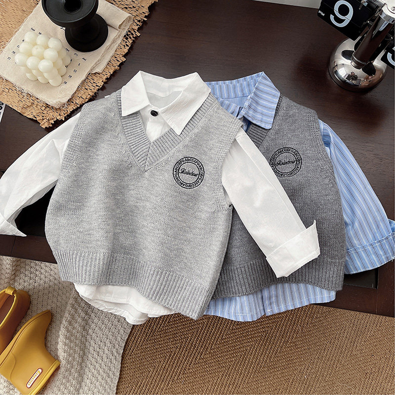 儿童套装2025新款男童学院风针织马甲条纹衬衫女宝宝时髦叠穿两件,童装/婴儿装/亲子装,套装,淘宝优惠券,粉丝福利购,淘宝优惠卷
