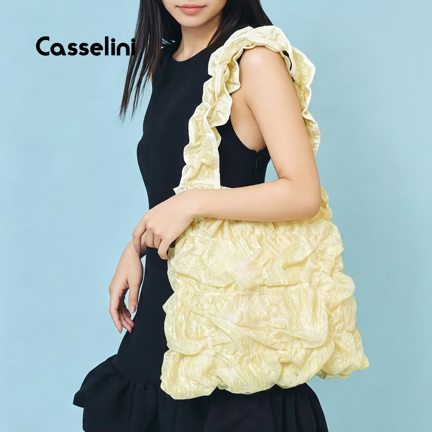 Casselini亮丝木耳褶皱托特女包
