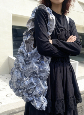 casselini鎏金新中式小众金属光泽亮面褶皱单肩包托特包女大容量