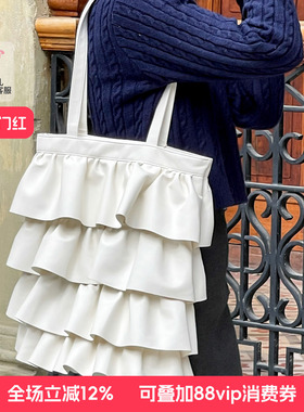 casselini小众设计少女裙摆荷叶边细腻pu皮大容量通勤单肩托特包