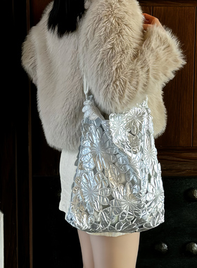 casselini银色小众设计镂空刺绣花朵高级大容量托特单肩包女