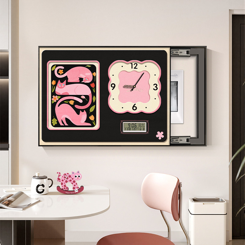 2025新款电表箱多巴胺卡通潮玩挂钟钟表家用万年历电子时钟装饰画