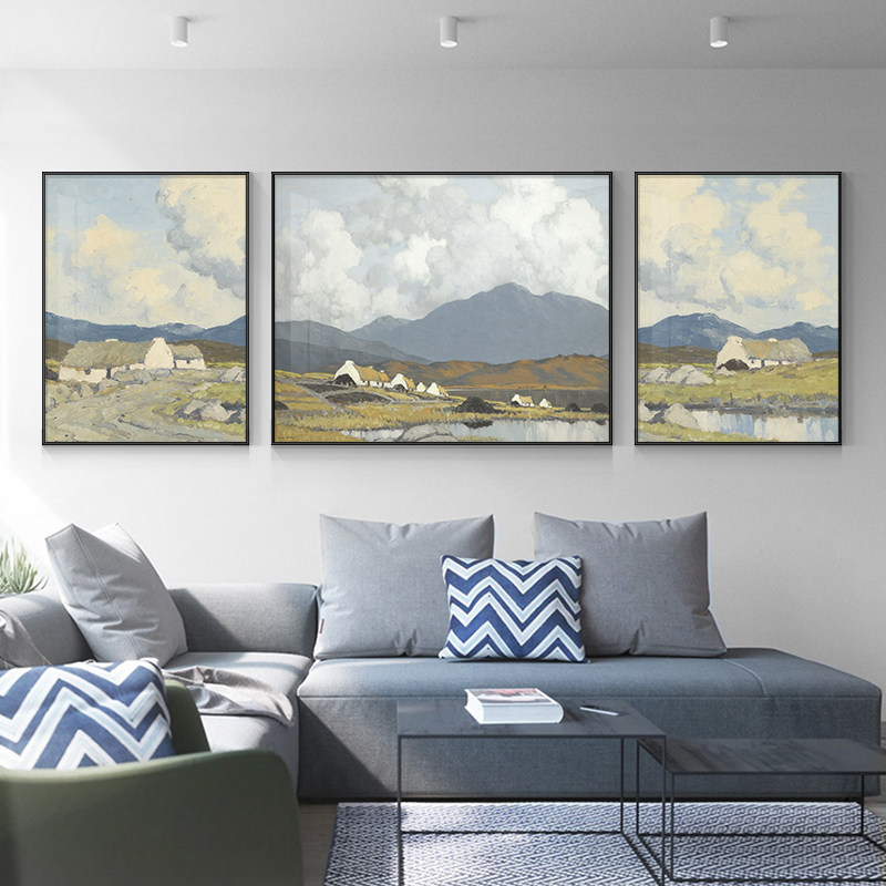 现代简约客厅装饰画高档轻奢北欧沙发背景墙三联抽象挂画山水壁画