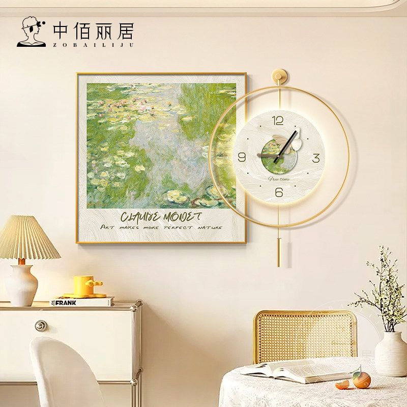法式奶油风餐厅装饰画带钟表名家莫奈治愈系风景原木北欧风挂钟