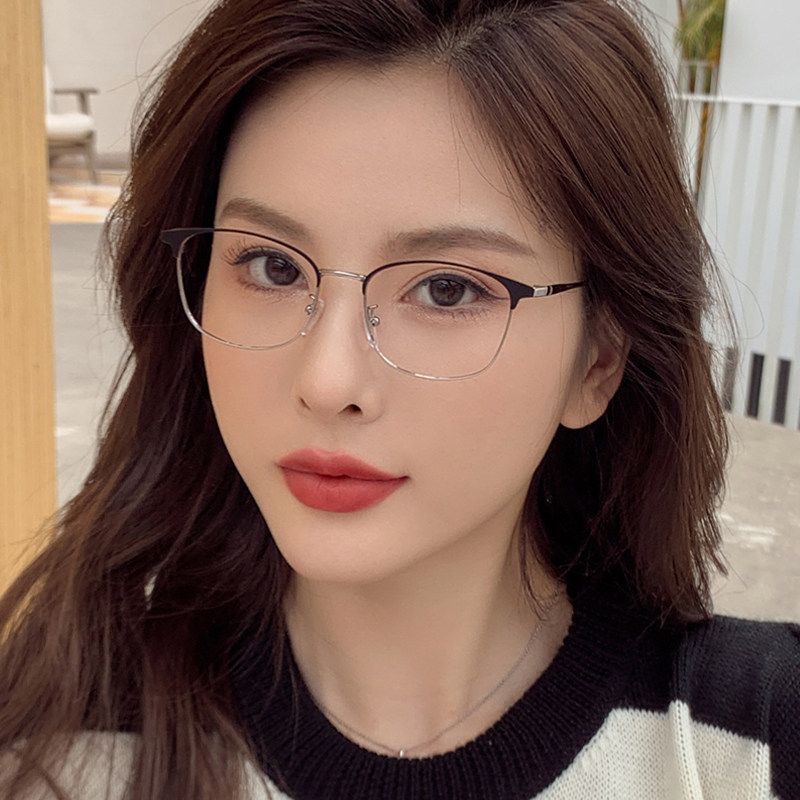 半框眼镜男复古韩版潮女款平光镜配近视度数防蓝光防辐射学生镜架