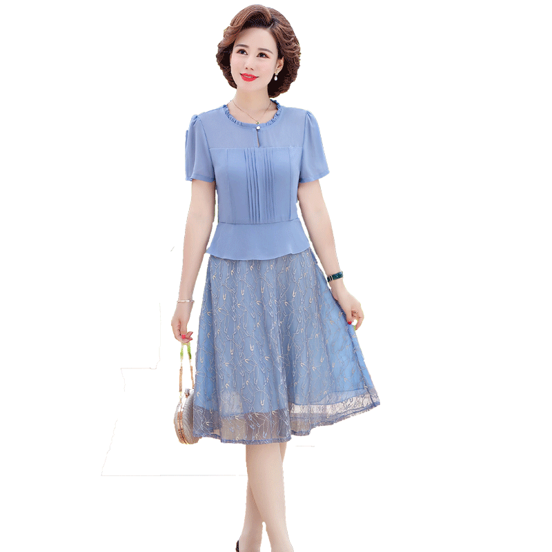 年轻妈妈夏装雪纺连衣裙新款洋气40岁50中年女装高贵短袖裙子时尚
