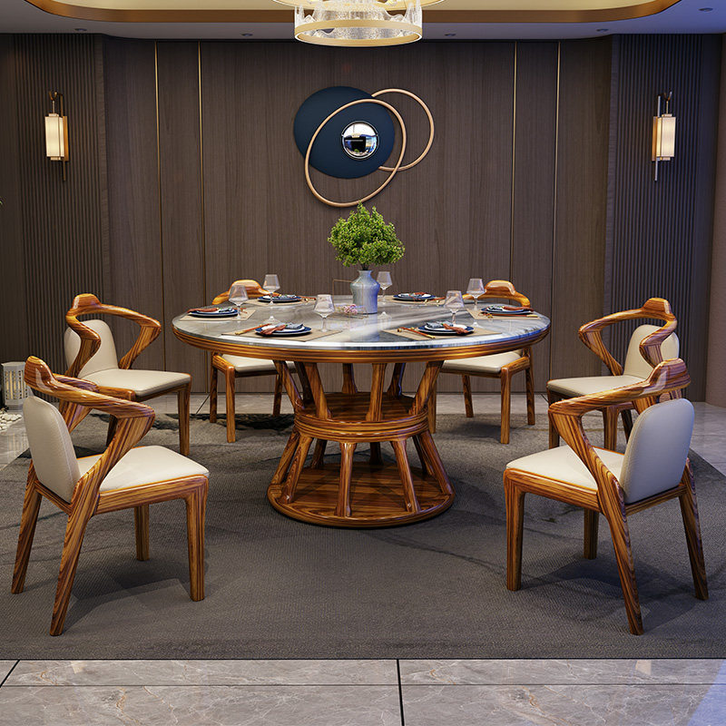 新中式乌金木餐桌椅组合家用中式客厅大理石圆形实木饭桌带转盘