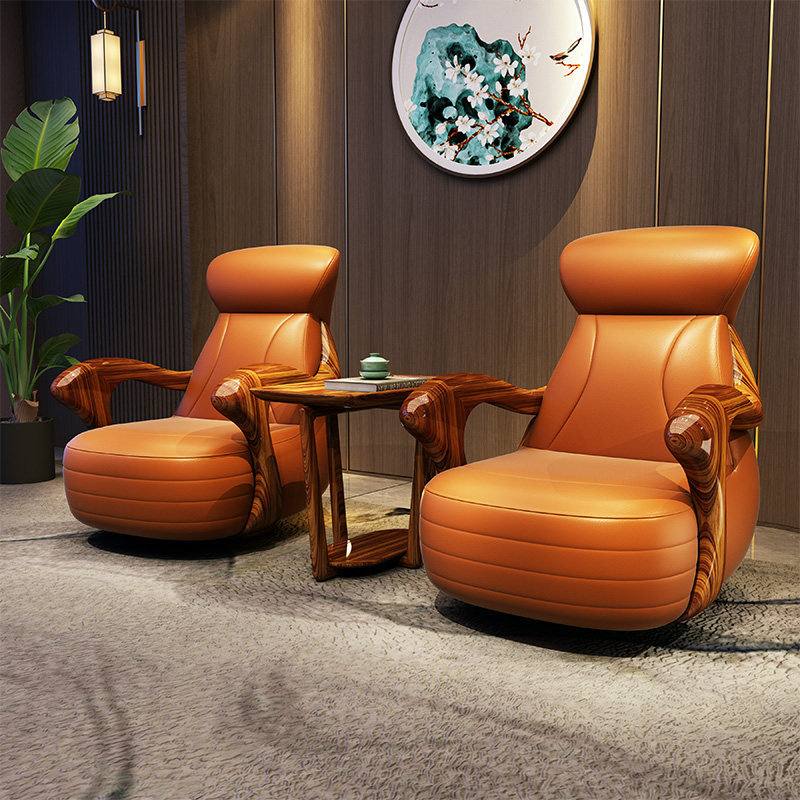 新中式乌金木休闲椅实木真皮转椅设计师单人沙发椅高靠背现代简约