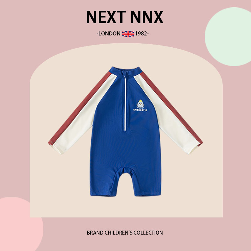 英国NEXT NNX儿童泳衣男童长袖拉链拼接连体式游泳衣印花卡通泳衣