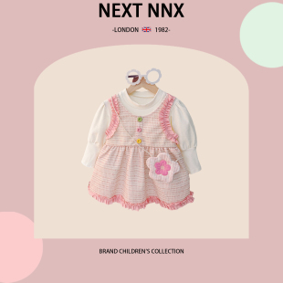 英国NEXT 花朵包饰花边裙 NNX女宝宝春秋甜美风背带裙长袖 上衣套装