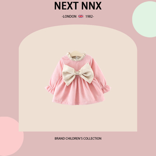 英国NEXT 大蝴蝶结公主裙子 NNX女童春秋季 甜美连衣裙周岁宝宝长袖