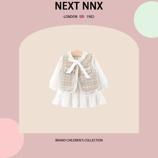 英国NEXT 格子马甲两件套 NNX女童春秋季 甜美蝴蝶结系带连衣裙长袖