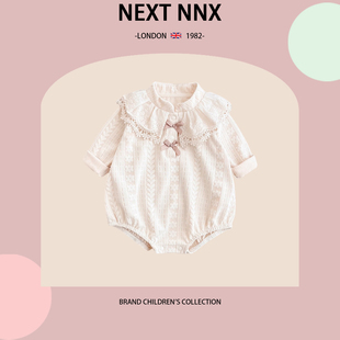 NNX女寶寶春秋甜美包屁衣蕾絲領結提花可愛嬰兒三角爬服 英國NEXT