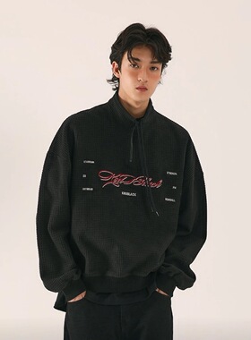 Z07-121632-KBL春秋款学院风花体字摇粒绒半拉链立领卫衣