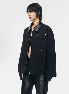 OVERCOOL美式潮流秋冬季宽松休闲时尚工装真皮翻领夹棉棉服JKT212