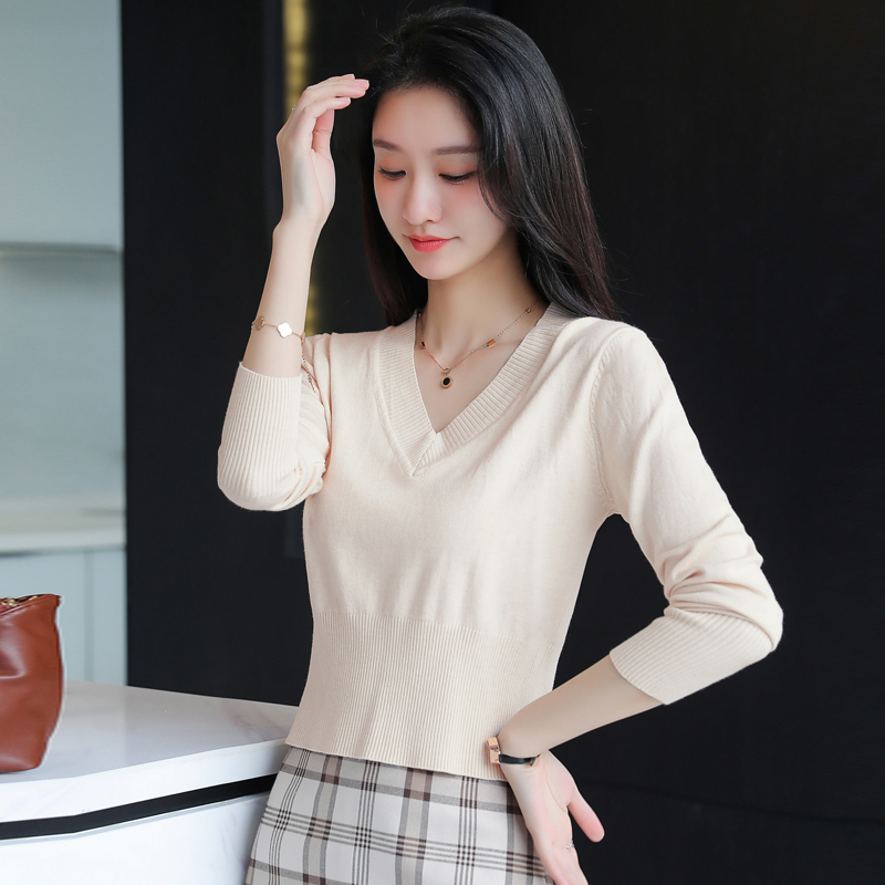 v领薄款针织衫长袖内搭短款毛衣