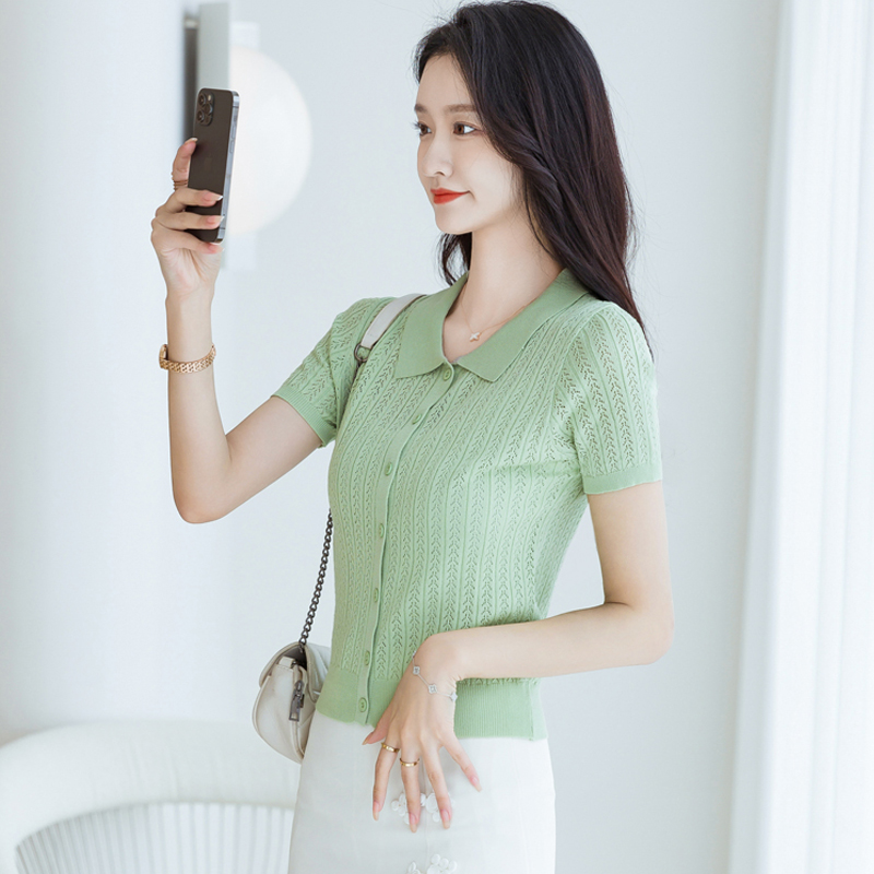 冰丝短袖t恤女夏修身镂空针织衫