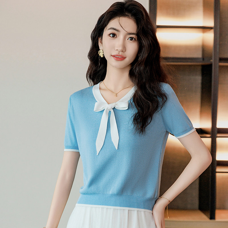 冰丝短袖t恤女短款2026新款夏 薄款针织衫小个子蝴蝶结设计感上衣