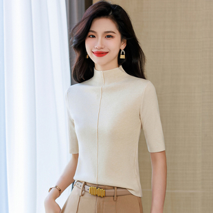 针织衫 上衣半高领内搭打底衫 女中领秋季 中袖 小个子毛衣短款 五分袖