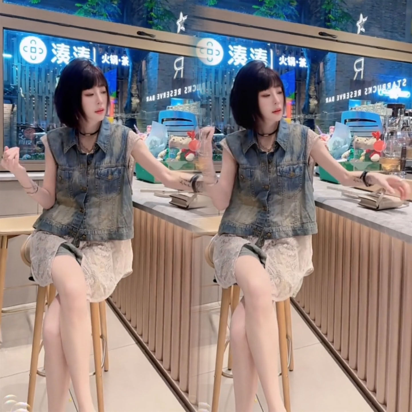 牛仔马甲背心短裤两件套套装潮