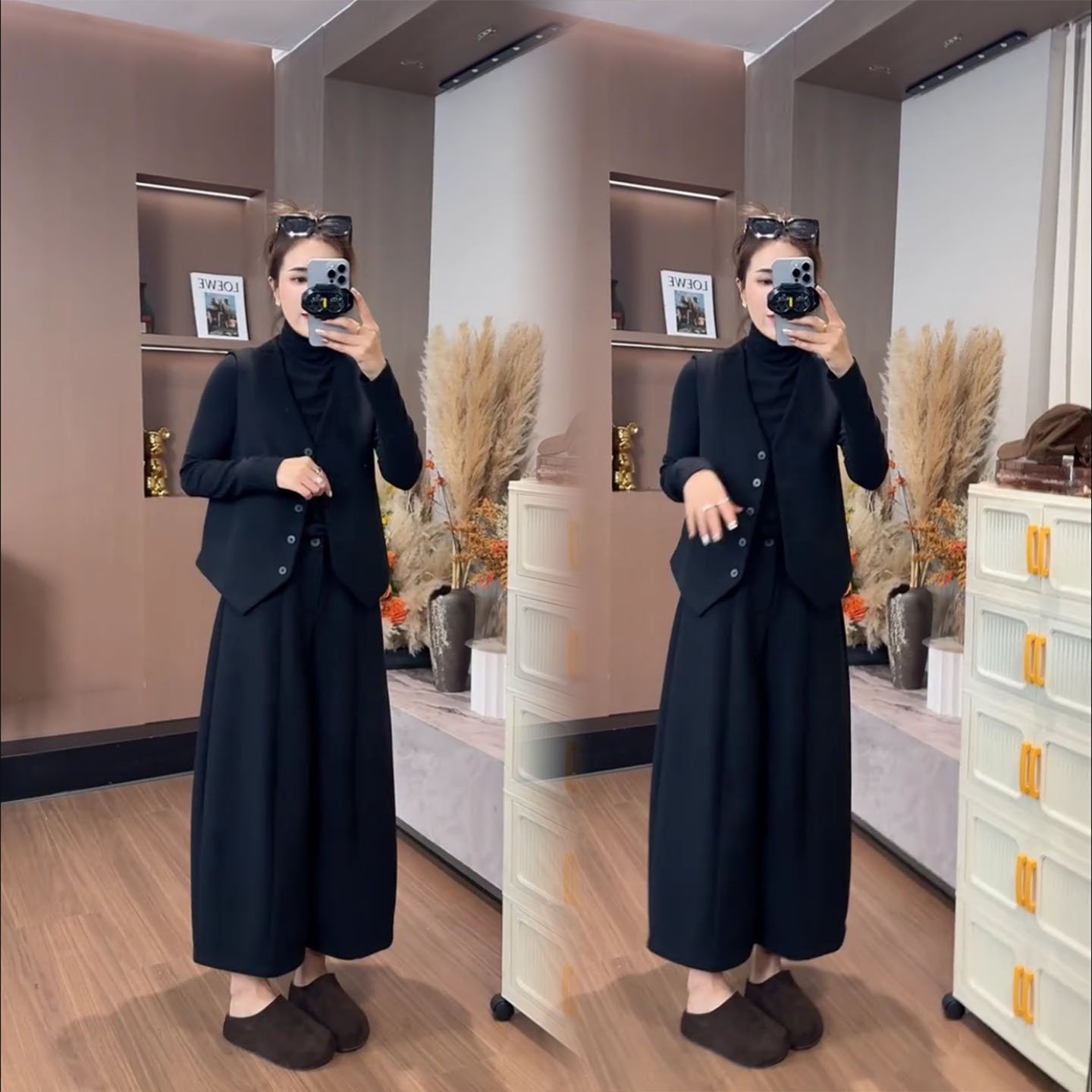新款洋气小衫马甲阔腿裤三件套