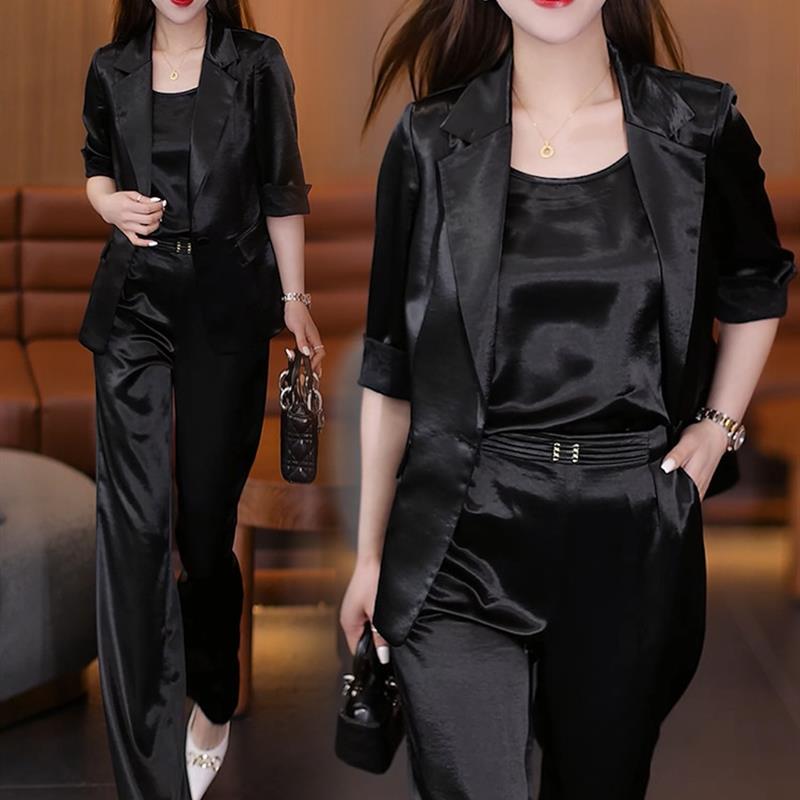 高级感气质西服套装女2025年春夏季新款气质垂感西服阔腿裤三件套