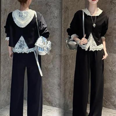 气质慵懒套装裙女2025春季蕾丝连帽背心开叉罩衫卫衣半身裙三件套