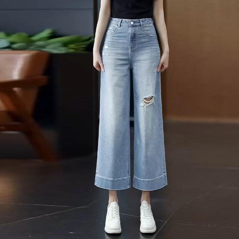 破洞牛仔阔腿裤女夏季薄款2025新款高腰宽松垂感九分窄版直筒裤子