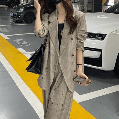 高级感西装套装女2024秋季洋气百搭宽松烫钻西服外套阔腿裤两件套