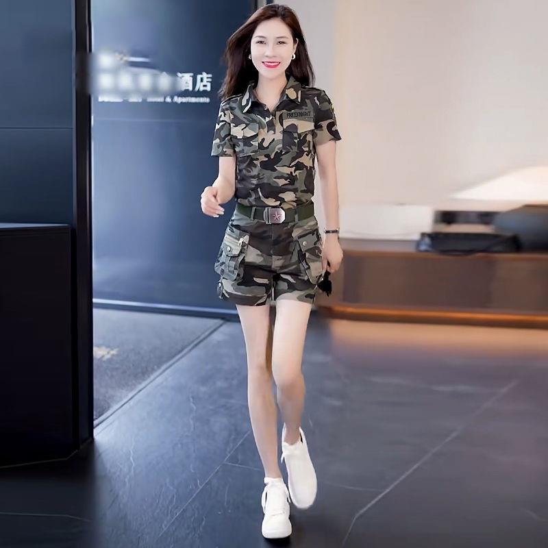 夏季运动迷彩服套装女薄款工装短裤百搭户外小个子短袖休闲两件套