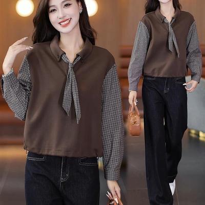 气质休闲格子拼接假两件卫衣女士春秋新款韩版洋气翻领设计感上衣