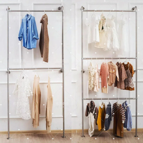 定制加厚不锈钢上墙双层服装壁挂展示架卧室衣帽间金属调节挂衣架