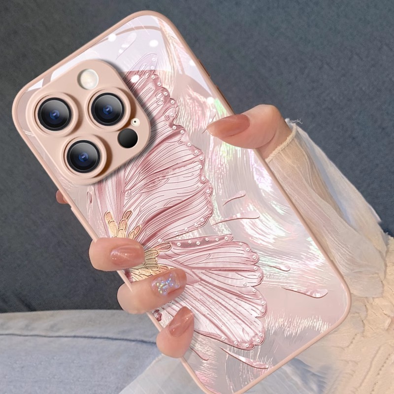 适用苹果16promax手机壳iphone15pro新款保护套超薄14plus高档15气质13Promax全包防摔高级感玻璃粉色时尚女