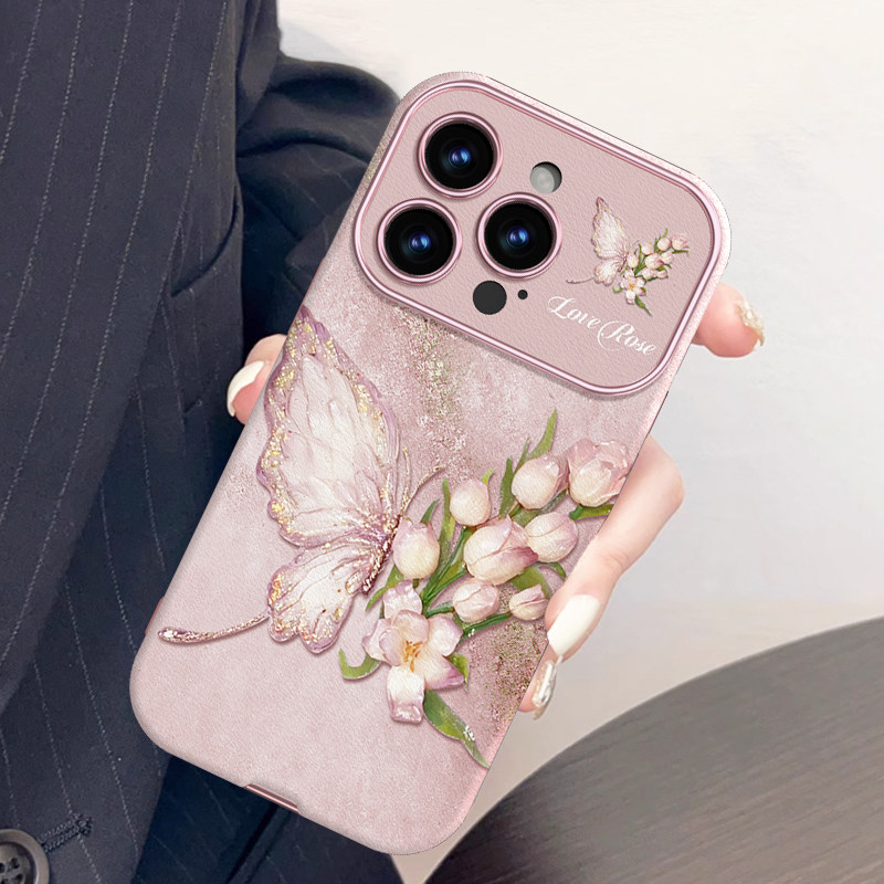 【进口小羊皮适用苹果16promax手机壳新款玫瑰蝴蝶iphone15pro高级感大视窗镜头全包防摔14网红ins风创意小众
