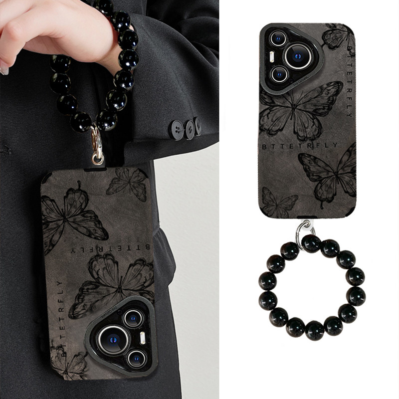 适用华为Pura70Pro手机壳新款翻毛皮素描英文蝴蝶Pura70P保护套全包防摔华为mate60液态硅胶高级感轻奢小众女