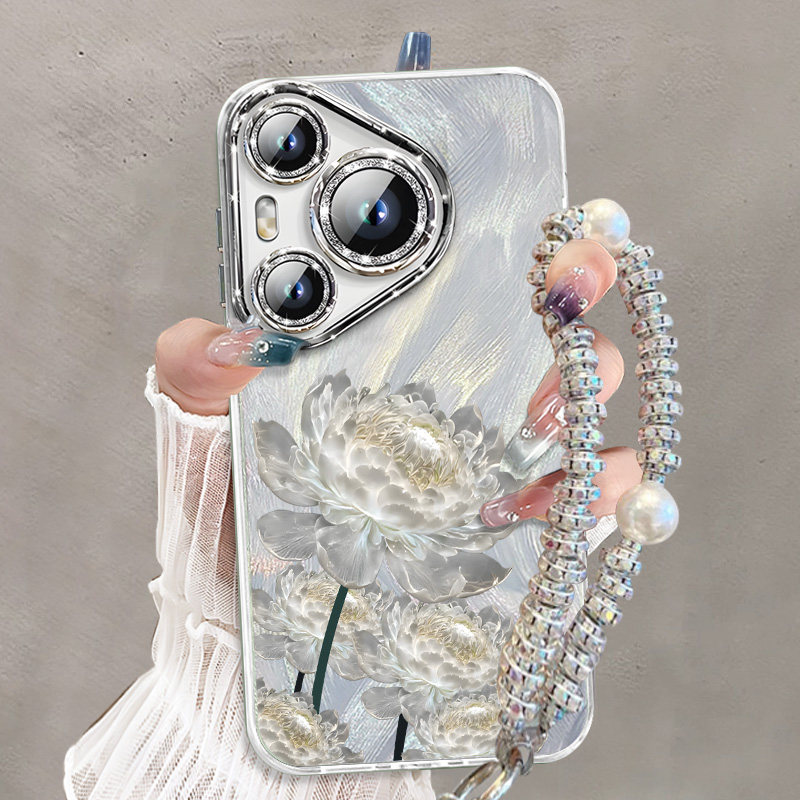 适用华为pura70pro手机壳新款水晶白莲花P70ultra闪粉镜头膜带手链p70por+全包防摔p70网红文艺ins风轻奢外壳