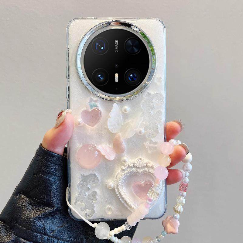 适用华为mate70pro手机壳新款立体珍珠爱心pura70女款保护套mate60全包防摔高级感P60创意网红小众挂链50女外