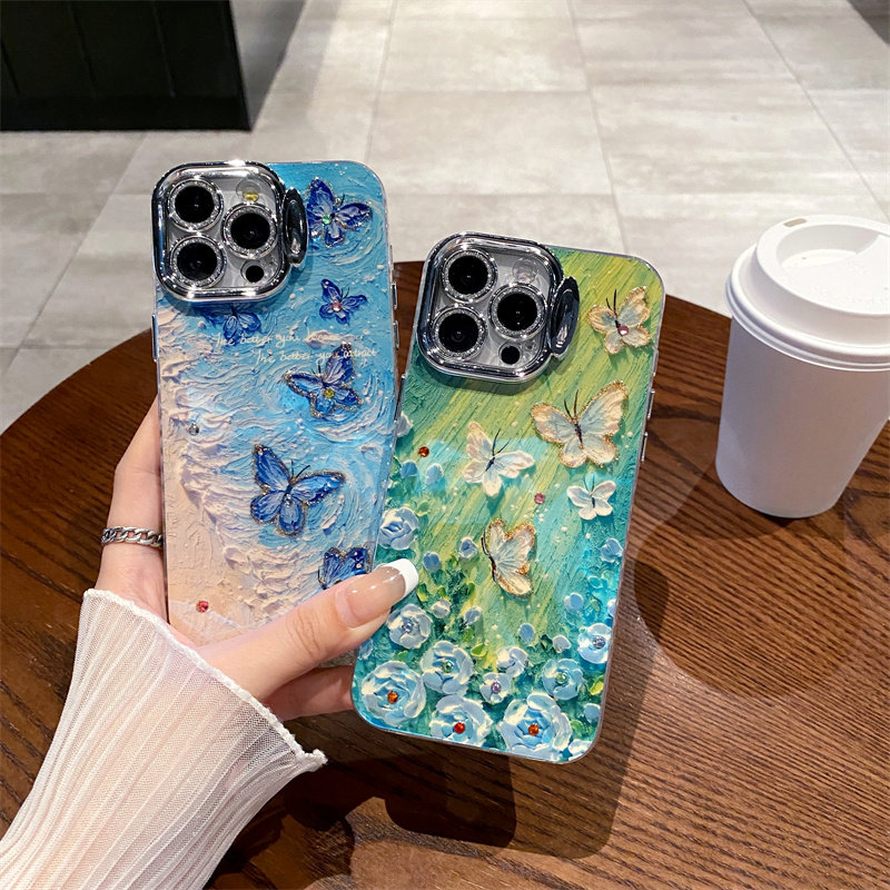 适用苹果16promax手机壳新款水钻海滩蝴蝶iphone15pro高级感隐形支架15全包防摔14网红ins风13文艺个性12小众