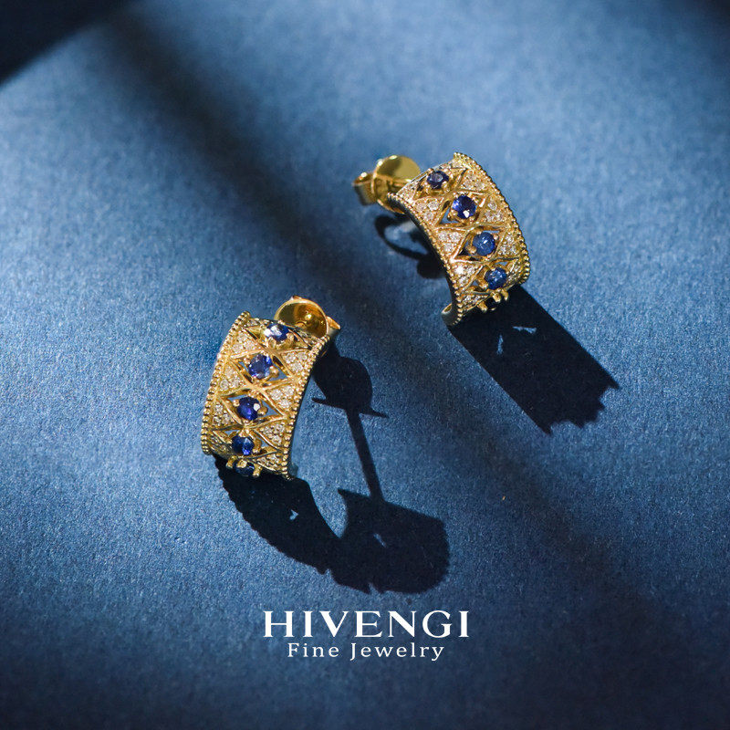 HIVENGI/海梵纪天然皇家蓝宝石耳钉 18K黄金钻石耳环耳饰复古时尚,珠宝/钻石/翡翠,耳饰,淘宝优惠券,粉丝福利购,淘宝优惠卷