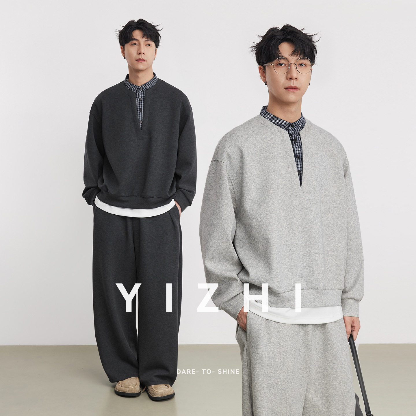 亦止美式复古假两件格纹拼接圆领卫衣男士春季宽松休闲慵懒风套装