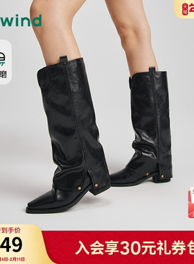 热风尖头骑士靴女款2025年冬季新款百搭长筒靴子黑色西部牛仔靴女