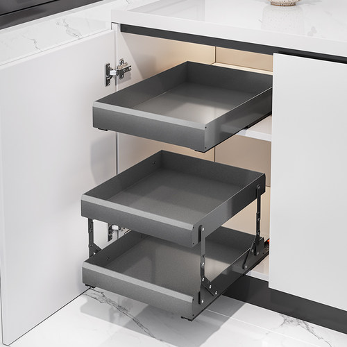 厨房拉篮双层抽屉式调味调料碗篮收纳零食整体橱柜内置分层超深柜