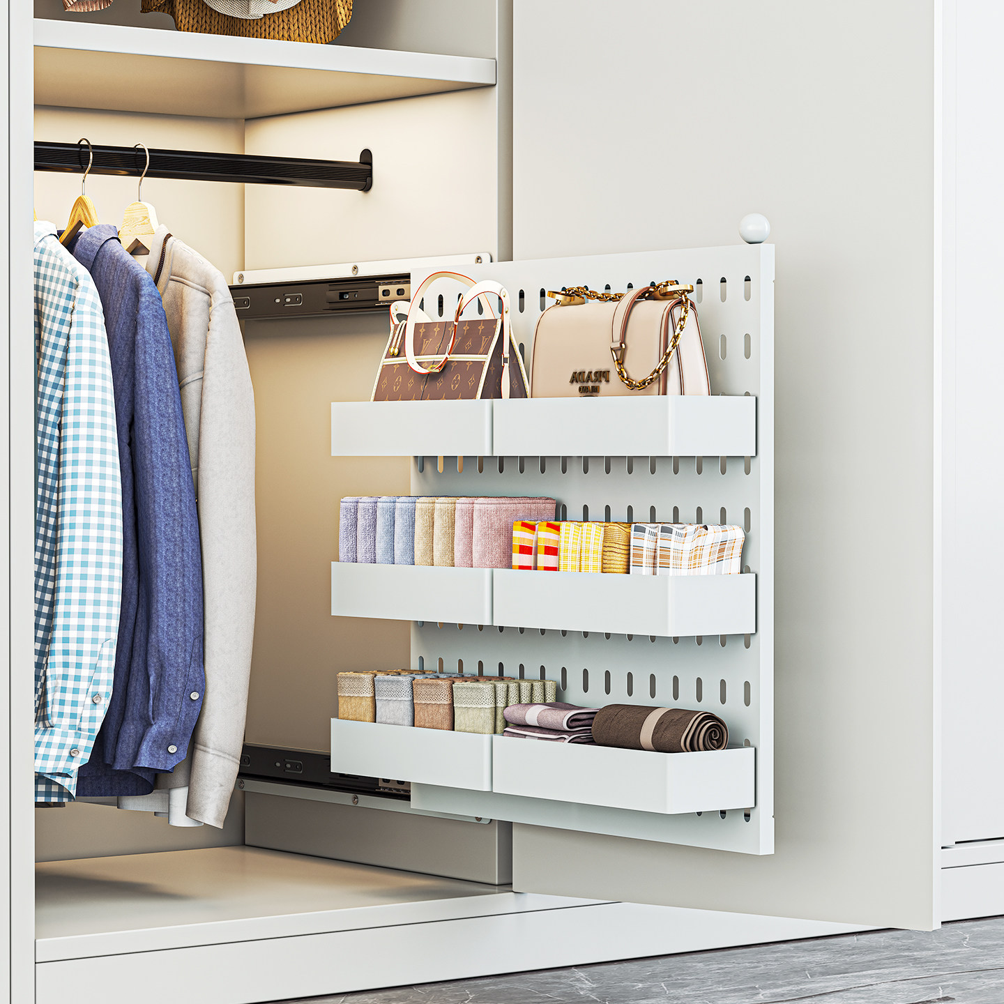 衣柜内部空间改造拉篮洞洞板置物架分隔内衣内裤包包收纳架可定制