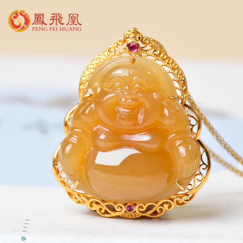 凤飞凰和田玉糖玉佛公18K金吊坠