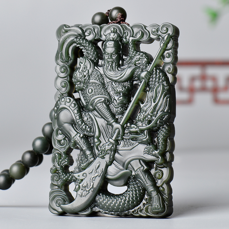 凤飞凰和田玉关公吊坠男士武财神项链中国风双面镂空雕刻挂件礼物