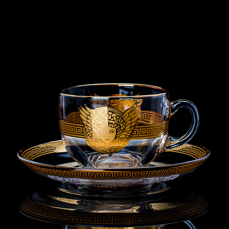 欧式水晶玻璃带碟咖啡杯美杜莎贴金带把红茶杯轻奢下午茶杯套装