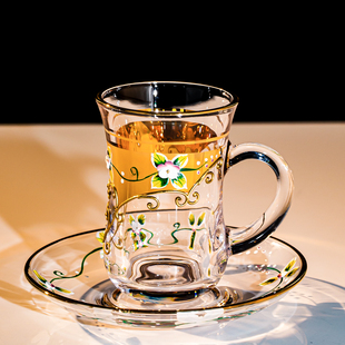 欧式描金珐琅水晶玻璃咖啡杯家用高档玻璃杯红茶下午茶杯套装带碟