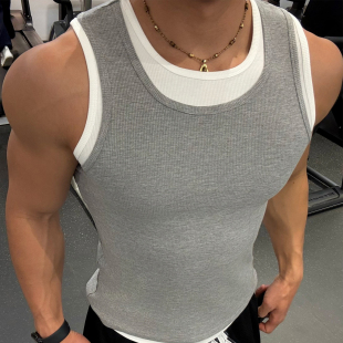 坎肩T恤潮 休闲肌理感亲肤显壮无袖 andtime美式 假两件背心男女修身