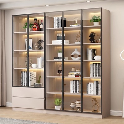 书柜带玻璃门家用客厅一体整墙现代轻奢定制储物柜酒柜书架展示柜