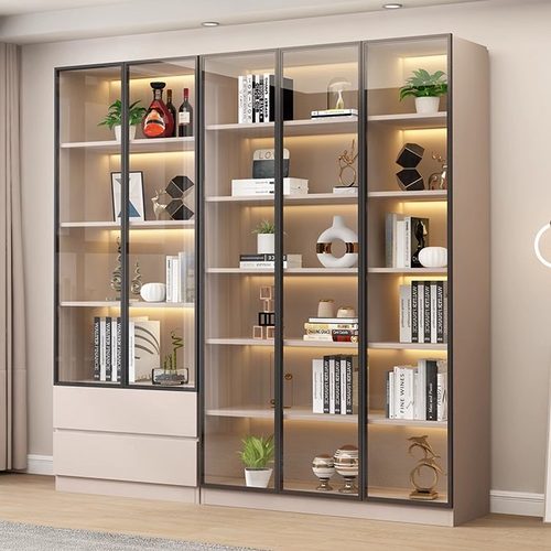 书柜带玻璃门家用客厅一体整墙现代轻奢定制储物柜酒柜书架展示柜